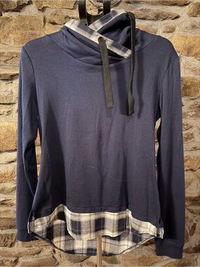 Women’s Navy Hoodie with Plaid Trim